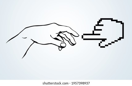 Modern vintage dot male god pixel arm cursor help click point work data idea e pc sketch line vector art style. Social media electron net religion life link render industry corporate evolution reality