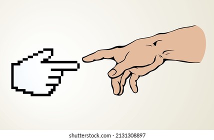 Modern vintage dot male god pixel arm cursor help click point work data idea e pc sketch line vector art style. Social media electron net religion life link render industry corporate evolution reality