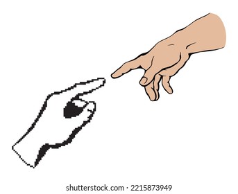 Modern vintage dot male god pixel arm cursor help click point work data idea e pc sketch line vector art style. Social media electron net religion life link render industry corporate evolution reality