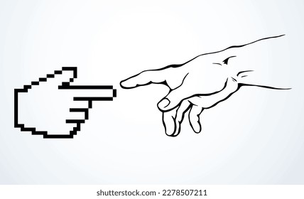 Modern vintage dot male god pixel arm cursor help click point work data idea e pc sketch line vector art style. Social media electron net religion life link render industry corporate evolution reality