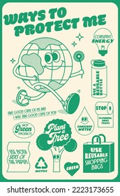 modern vintage earth day ways of taking care of the earth awareness post, poster design template vector, illustration