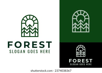 Modern Vintage Emblem Forest Tree Evergreen Pine Creek Sun Sunlight Logo Design Branding Template