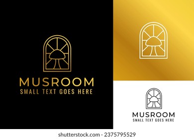 Modern Vintage Gold Gradient Mushroom Fungi with Sun Light Badge Emblem Psychedelic Magic Line Border Geometric Logo Design Branding Template