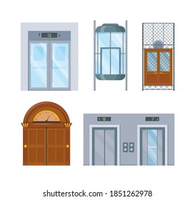 Modern And Vintage House Interior With Lift Mechanisms. Wooden Of Metal Lifts Elevator Cabin With Closed Doors. Lift With Office, Home, Hotel Isolated Cartoon Vector