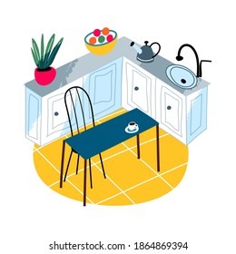 Modern vintage kitchen interior design background. Room at home for cooking. Table, floor and shelves with jars and pots of homemade vegetables, produce for preserves. Cosy area vector illustration.