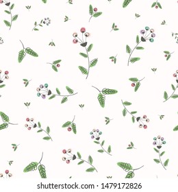 Modern vintage linocut style pink, blue and green flowers and leaves with offset color. Seamless vector pattern on white background. Great for wellbeing, beauty, packaging, fabric, stationery, wedding