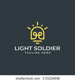 Moderne Vector Vorlage für Vintage Logo Design. Lichtlampe Shine mit Soldatenkopf. Krieg, Truppen Helm Linie Art