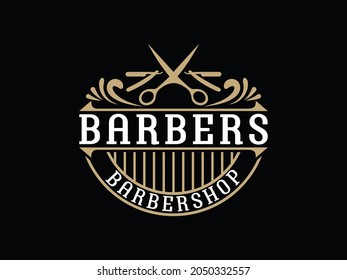 Modern vintage logo and mustache icon of barber shop vector design.  hair cut and beard shave equipment or hairdresser tools ideal classic design for barbershop