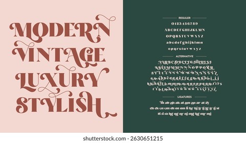 Modern vintage luxury stylish fonts. Romance Elegant typeface design. Classic typography serif. Uppercase, lowercase, ligatures, alternative variation, and number. Vector illustration word