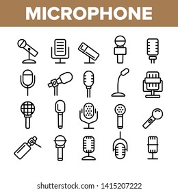 Modern And Vintage Microphone Vector Linear Icons Set. Professional Microphone Outline Symbols Pack. Music And Voice Recording, Sound Editing. Various Mics Isolated Contour Illustrations