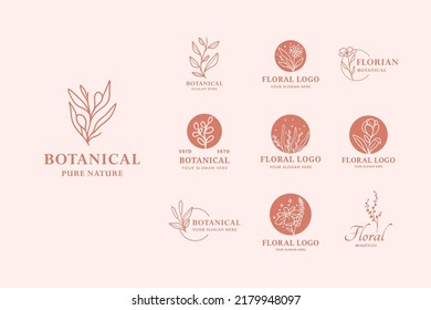 modern Vintage Pink Hand Drawn Floral Botanical Logo Illustration Design Set For Beauty, Natural, Organic Brand