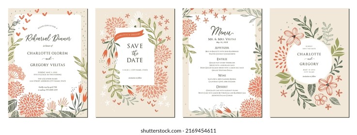 Modern vintage pink templates. Wedding and birthday invitations. Floral frames and backgrounds design. Vector illustration.