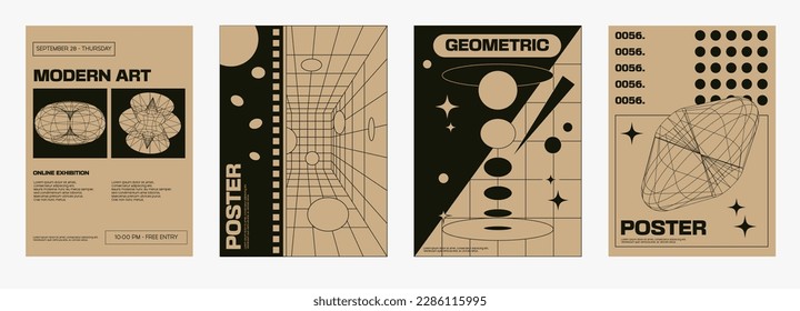 Modern vintage posters with geometric shapes. y2k design, 70s. Flat style, vector illustration