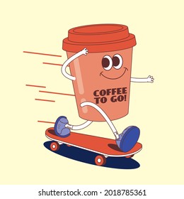 modern vintage and retro coffee to go or takeaway coffee character on skateboard template vector, illustration