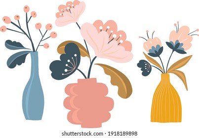 modern, vintage, retro, pink and yellow flowers in a bouquet and vases, scandinavian hygge style, fresh, trendy, vector