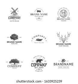 Modern Vintage rustic logo templates. Vector hand drawn and polygonal illustrations for label, logo, apparel designs. Trees, barrel, hat, bear, deer, windmill and boat.