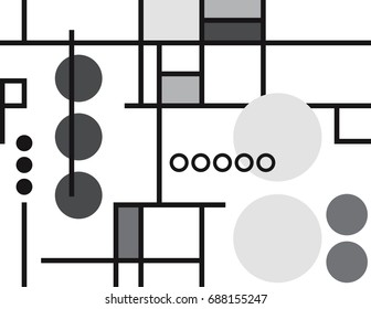 Modern vintage seamless background pattern with black and white lines. Black and white and gray monotone circles rectangles squares arranged in groups.
