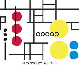 Modern vintage seamless background pattern with black and white lines. Primary red blue and yellow colorful circles arranged in groups.