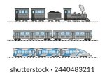 Modern and vintage train collection. Old and electric high-speed passenger trains. Railroad travel and railway tourism. Subway transport underground train. 
