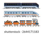 Modern and vintage train collection. Old and electric high speed passenger trains. Railroad travel and railway tourism. Subway transport underground train. Cartoon train set illustration.