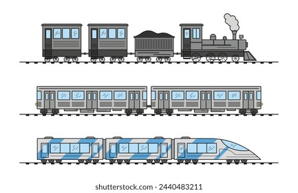 Colección de trenes modernos y vintage. Trenes de alta velocidad viejos y eléctricos. Viajes por ferrocarril y turismo ferroviario. Metro transporte metro tren subterráneo. 
