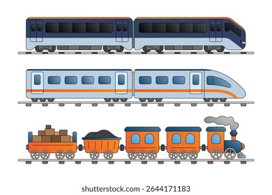 Coleção de trens moderna e vintage. Trens de passageiros velhos e elétricos de alta velocidade. Viagens ferroviárias e turismo ferroviário. Trem subterrâneo de transporte de metrô. Ilustração do conjunto de caricaturas.