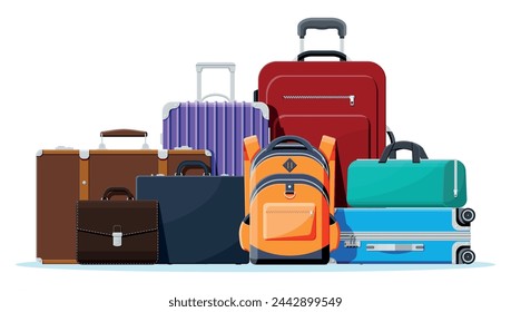 Modern And Vintage Travel Bag Collection Isolated On White. Set Of Plastic And Leather Business Case. Trolley On Wheels. Travel Backpack, Urban Baggage And luggage. Vector Illustration In Flat Style