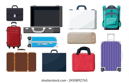 Modern And Vintage Travel Bag Collection Isolated On White. Set Of Plastic And Leather Business Case. Trolley On Wheels. Travel Backpack, Urban Baggage And luggage. Vector Illustration In Flat Style