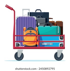 Modern And Vintage Travel Bag Collection On Hand truck. Set Of Plastic And Leather Business Case. Trolley On Wheels. Travel Backpack, Urban Baggage And luggage. Flat Vector Illustration