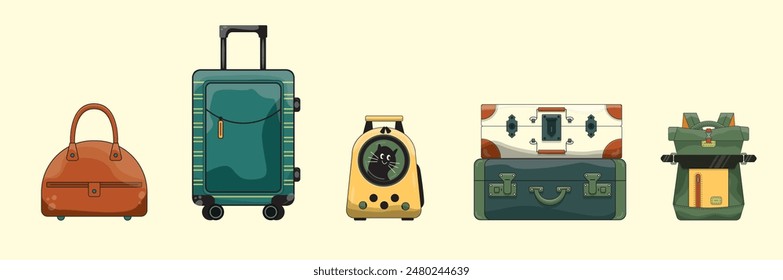 Moderno Y Antiguas Bolso De Viaje Colección Aislado En Blanco. Juego De Maleta De Plástico Y Cuero. Carro Sobre Ruedas. Mochila De Viaje, Equipaje Urbana Y Equipaje. Ilustración vectorial En Estilo Plano