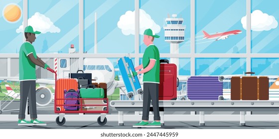 Modern and Vintage Travel Bag on Hand truck. Male Mover, Airport Conveyor Belt. Plastic, Leather Business Case. Trolley on Wheels. Travel Backpack, Urban Baggage and luggage. Flat Vector Illustration