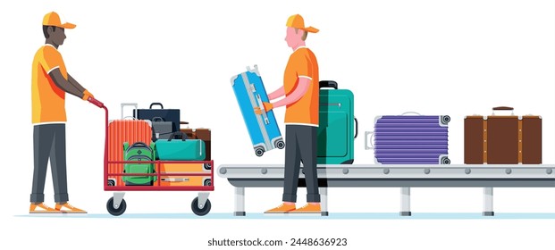 Modern And Vintage Travel Bag On Hand truck. Male Mover, Airport Conveyor Belt. Plastic, Leather Business Case. Trolley On Wheels. Travel Backpack, Urban Baggage And luggage. Flat Vector Illustration