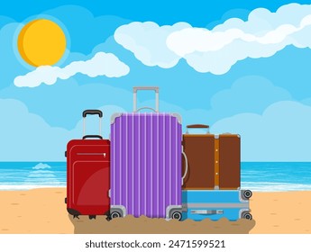 Modern and vintage travel bag on beach. Plastic and leather case. Travel baggage and luggage. Sun with reflection in water and clouds. Vacation and holidays. Vector illustration in flat style