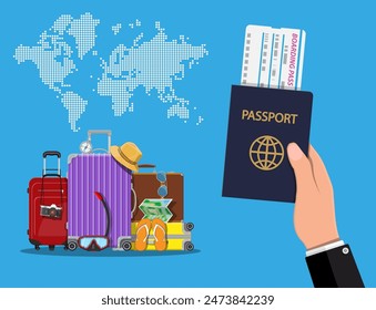 Modern and vintage travel bag. Plastic and leather case. Photo camera, map, flip flops, compass, hat, scuba mask and eyeglasses. Hand with passport and ticket. Vector illustration in flat style