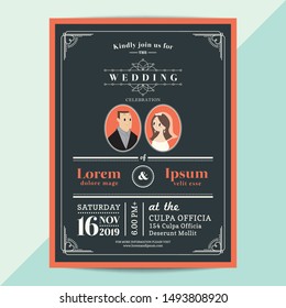 modern vintage wedding invitation card with orange color border and frame on dark navy blue background