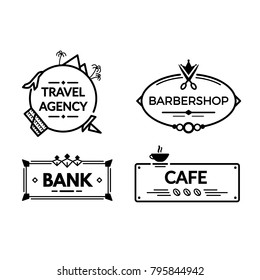Modern vintage wrought metal signboards and plastic retro billboards products. A signboard for a real estate agency, a bank, a hair salon barbershop, cafe. Fencing, with the symbols of institutions.