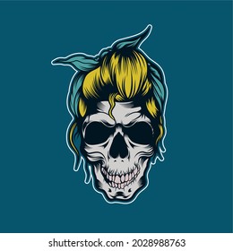 Modern, Vintage, Youthful, Skull Girl Tattoo T-shirt Badge Vector Design Illustration
