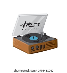 Modern vinyl musical player with record isolated on white. Vintage wooden object with an open lid for listening to music in home. Trendy gift for music lovers. Cartoon vector illustration