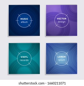 Modern vinyl records music album covers set. Semicircle curve lines patterns. Minimal creative vinyl music album covers, disc mockups. DJ records geometric layouts. Techno party posters.
