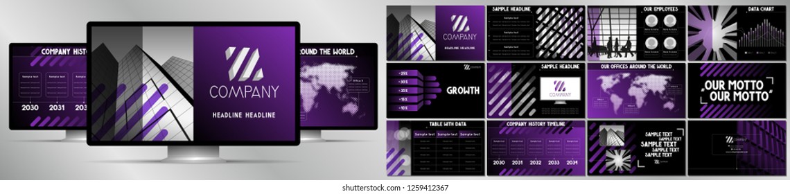 Modern violet, black and grey business vector presentation template - EPS10 - hd format: 1920x1080 px. svg