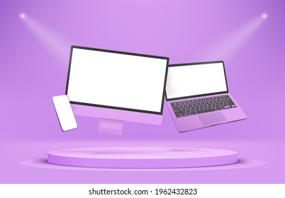 Modern violet smartphone, laptop and desktop computer with blank screens. Levitation effect