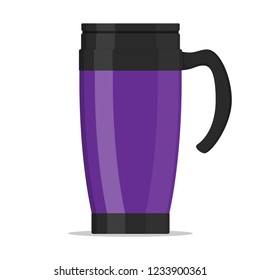 Modern violet thermo cup, travel mug, thermos isolated on white background. Vector illustration in flat style