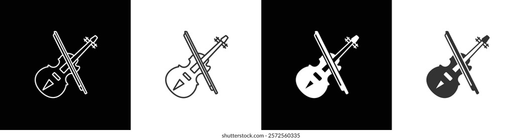 Modern violin with bow icon. String musical instrument vector icon for music. Violin icon vector illustration in black, white and transparent background. Eps10