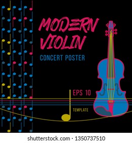 Modern violin concert poster. Colorful vector illustration on black background. Graphic design element for greeting cards, prints. web sites.