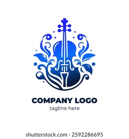 Modern violin emblem design for music production company or sound studio featuring digital violin shape and elegant music note elements