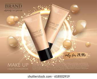 Anúncios cosméticos VIP modernos, compõem a base líquida para venda. Elegante bege e dourado tubo de creme facial com gotas de creme isoladas no fundo brilho brilho brilho, efeito de brilho. 3D vector realista