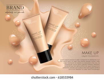 Modern VIP cosmetic ads, make up liquid foundation for sale. Elegant beige and gold color face cream tube with drops of cream isolated on splash  background , gloss effect. 3D realistic vector