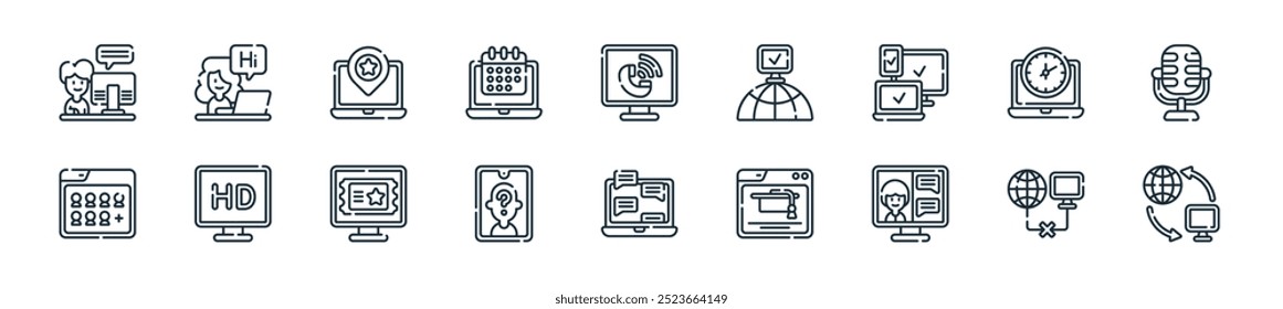 moderno pacote de ícones de eventos virtuais. perfeito para projetos de interface de usuário linear com conexão vetorial, desconectar, virtual, educação virtual, bate-papo on-line, anônimo, convidar e mais ícones para celular e web