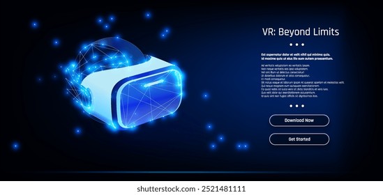 A modern virtual reality headset is showcased with glowing effects against a dark backdrop, accompanied by promotional text encouraging users to engage with the technology.