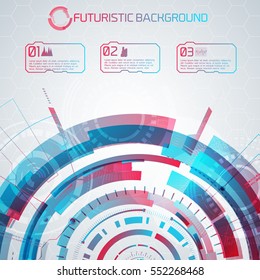 Modern virtual technology background with futuristic semicircle and numbered touch buttons with pictograms and captions vector illustration